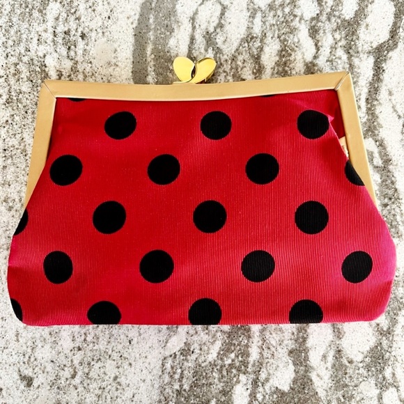 |SOLD| Moschino Couture Polka Dot Clutch w/ Gold Toned Kiss Lock Closure - Picture 2 of 6